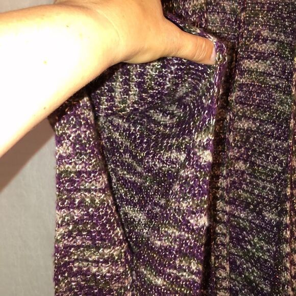 Avenue 1X-3X Knit Poncho Sweater with Patch Pockets in Purple Green Ivory - Picture 6 of 11